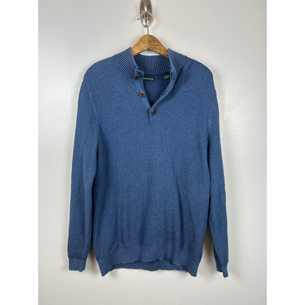 GH Bass Mens Henley Sweater Large Blue Waffle Knit Button Pullover Preppy Cotton